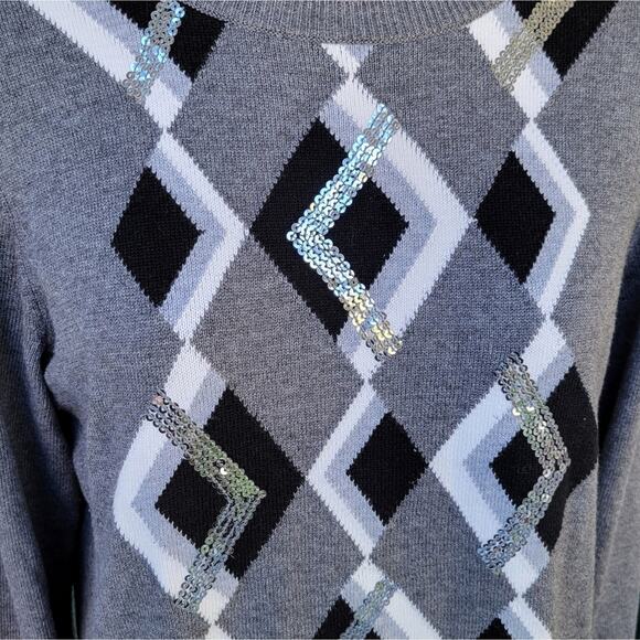 Charter Club Grey White Black Argyle & Sequins Long Sleeve Sweater L - Picture 2 of 4